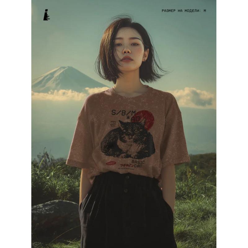 Retro Wash American Short Sleeve T-Shirt Women s Bottom Shirt Loose Top S
