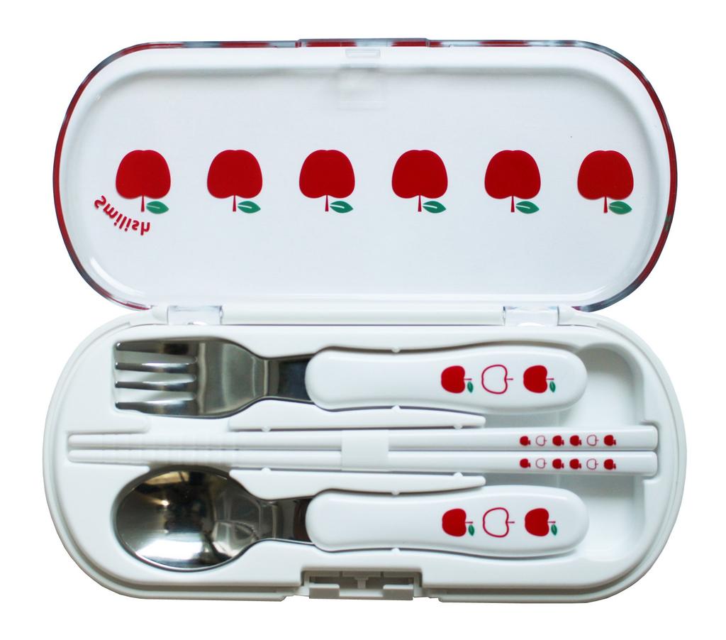3-Piece Lunch Set for Kindergarten (Aluminum Lunch Box with Inner Lid, Cutlery Set, Heat-Resistant Cup) Apple Pattern