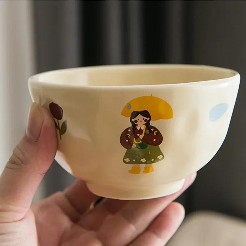 Ceramic Dinner Plate Bowl Cup with Lid Household Cute Girl Tableware Rice Bowl Cartoon Breakfast Plate Coffee Mug Birthday Gift