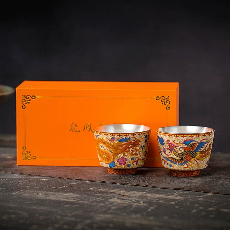 

Gold Thread Teacup Enamel Colored Silver Tea Cup Dragon Phoenix Auspicious Creative Tea Set with Gift Box 2pcs/lot 110ml
