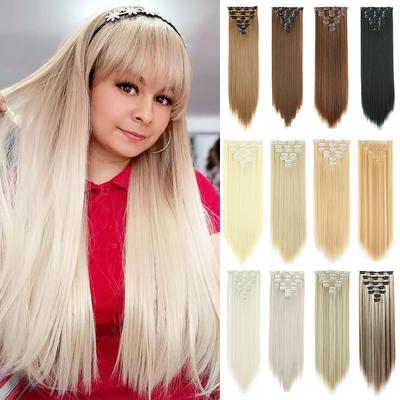 Extensii de Păr Sintetice Lungi Drept cu 16 Clipsuri Set de 7 Bucăți Blond Natural Piese de Păr Rezistente la Căldură Pentru Femei