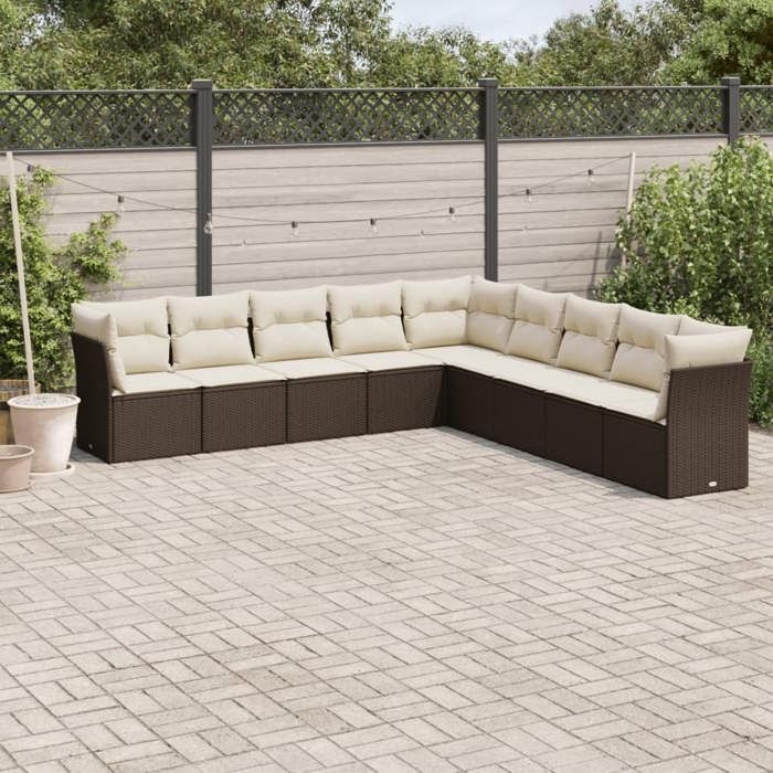 VidaXL Salon de Jardin avec Coussins 9 pcs, Canapés de Terrasse, Ensemble de Meubles de Patio, Mobilier d'Extérieur, Marron 3249622