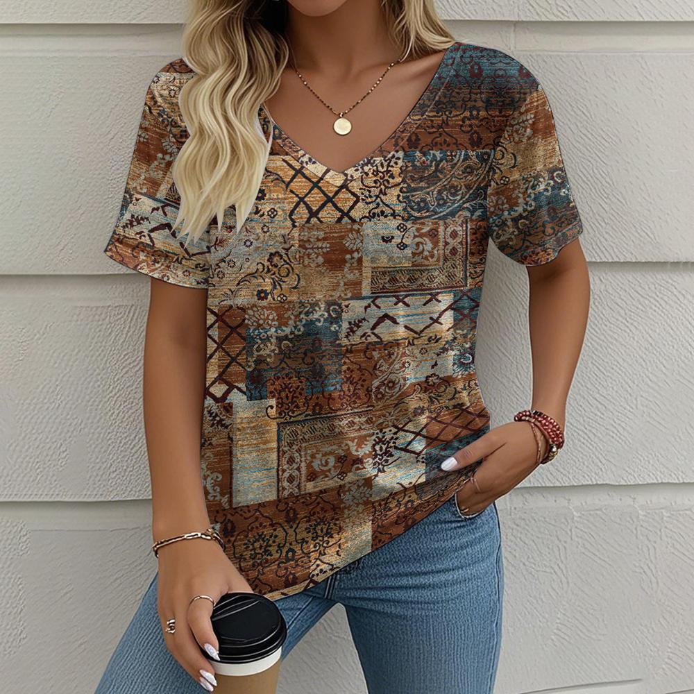 Vintage Women's T-shirt Ethnic Group Print Summer Crew Neck Short Sleeve Outdoor Casual T Shirts Female Oversized Clothing
