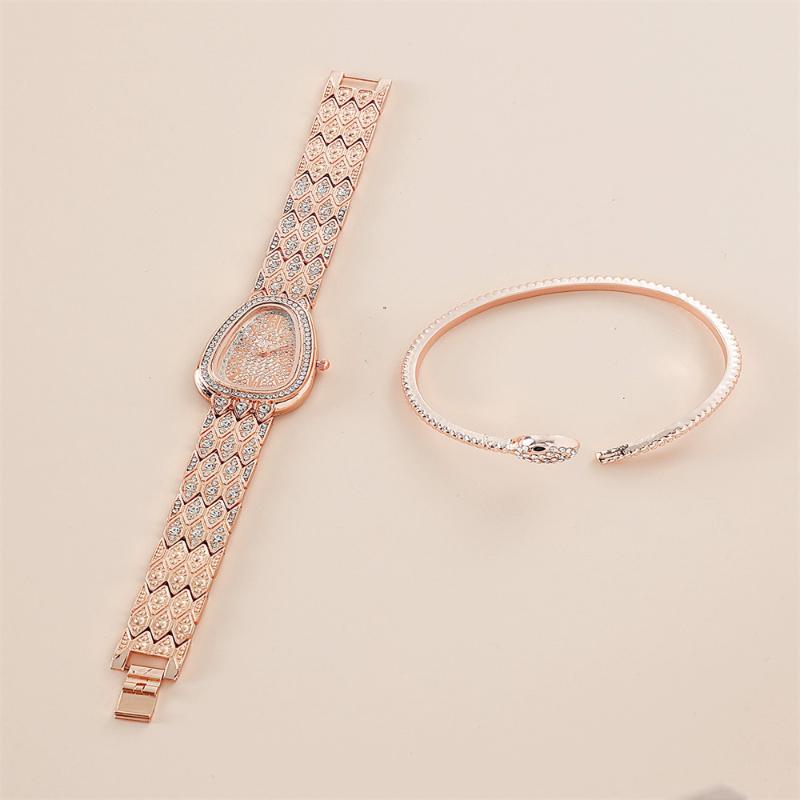 2pcs/set Women Quartz Snake Rhinestone Watch Bracelet Wristwatches