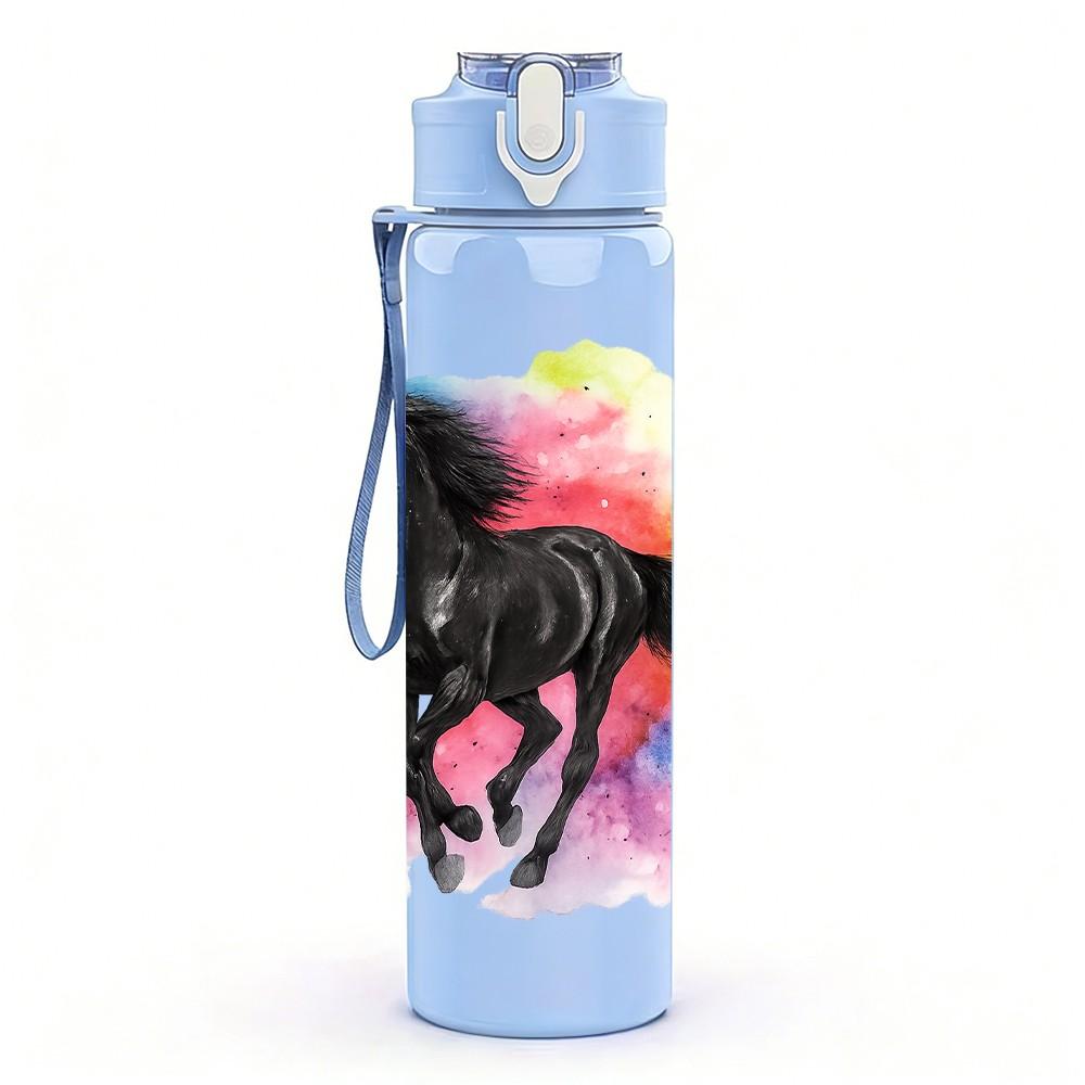 1PC Colorful Running Horse Art 750ml Color Plastic Sports Water Bottle Leakproof Flip Straw Lid Suitable for Sports Office Home Use