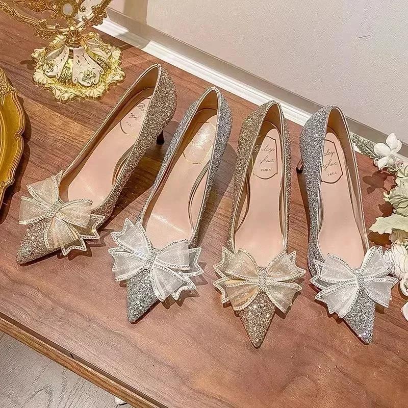 Moda Sposa Oro Tacchi Alti Scarpe da Sposa Tacchi di Lusso Designer Eleganti Sandali da Festa Abito Banchetto Paillettes Sandalias De Tacón cm argento