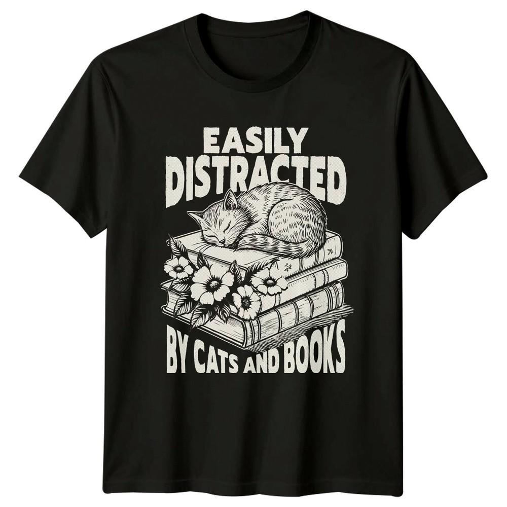 Easily Distracted By Cats And TShirt Bookworm Reader