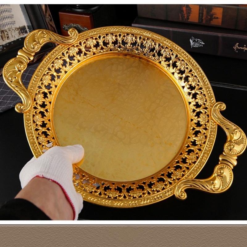 European Vintage Fruit Plate, Alloy Household Round Hollow Lace Plate, Gold Snack Hotel Dinner Plate, Home Table Decoration