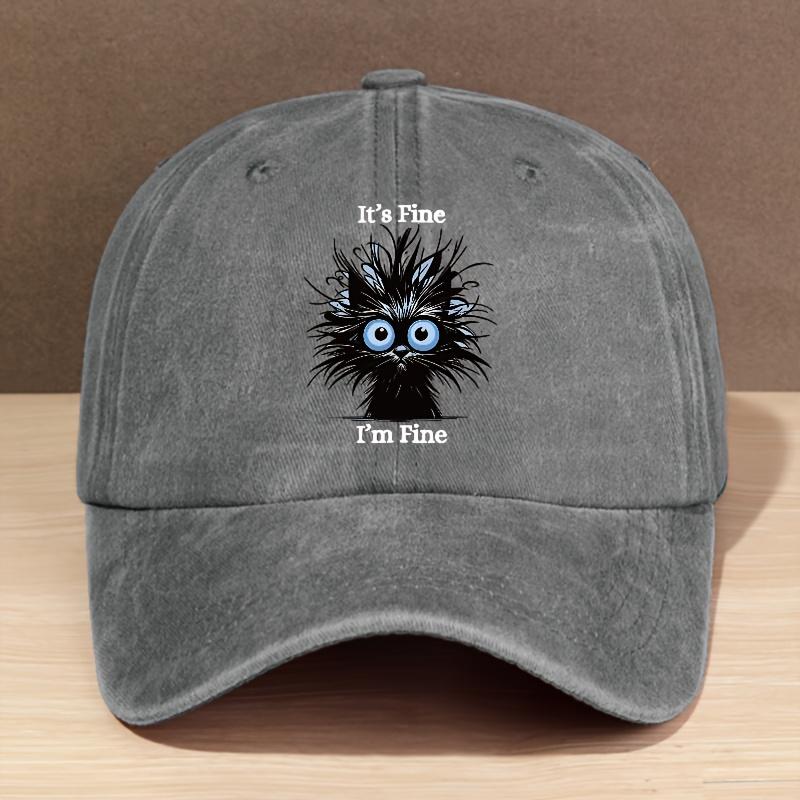 Módní Baseballová Čepice ItS Fine Im Fine s Kočičí Grafikou, Vypraná, Nastavitelná Velikost, Lehká, Odolná