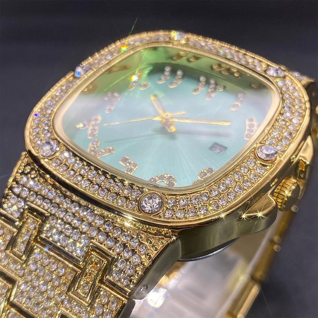Luxury Diamond Watch for Men Hip Hop Style Bling Iced Out Wristwatch Fashion Square Steel Waterproof Clock