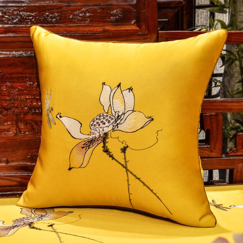 New Chinese-style Throw Pillows with Bird and Flower Embroidery Redwood Sofa Cushion Cover Large Cushion for Living Room Bed