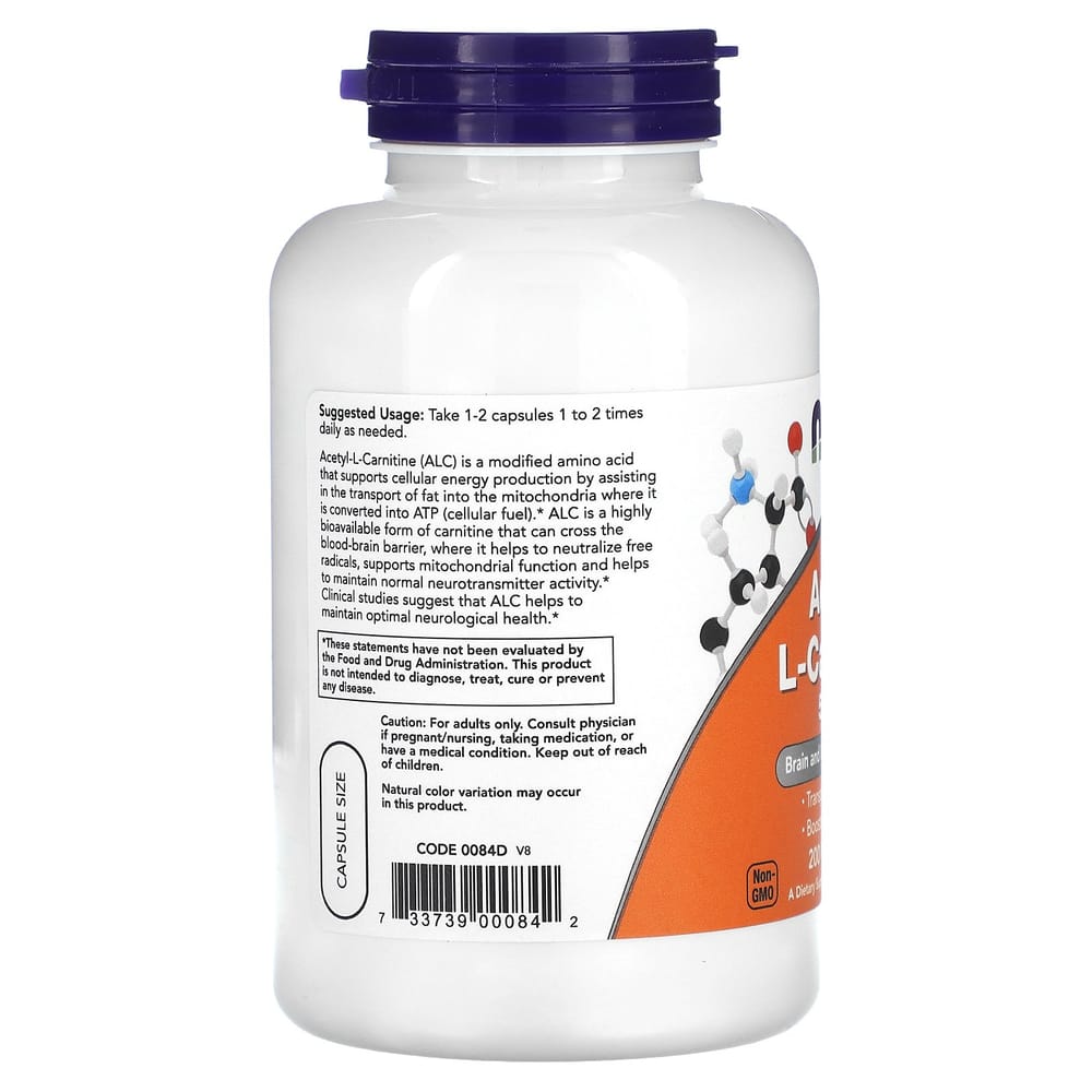 NOW FOODS Acetyl-L-Carnitine 500mg Veg Capsules, 200 Count