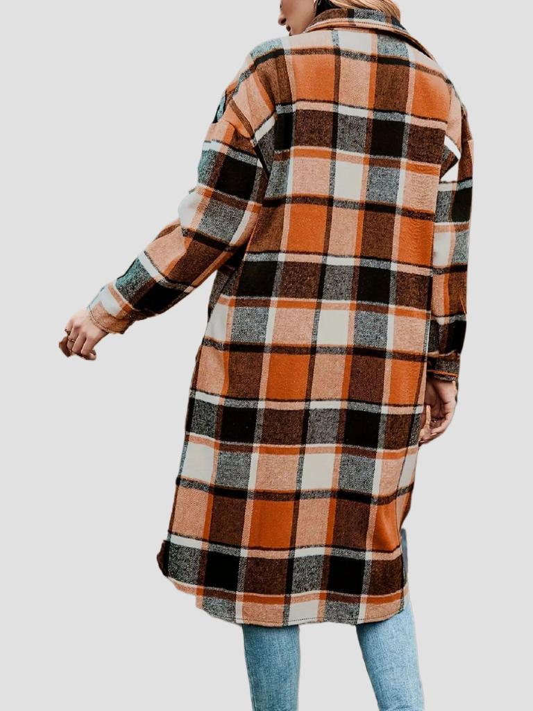 Women's Mid-Length Plaid Long Sleeve Loose Woolen Coat for Autumn/Winter, Plus Size