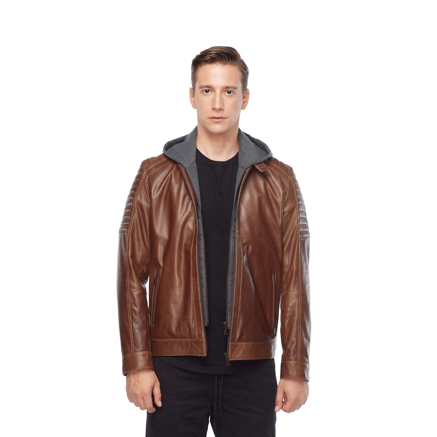 

Кожаное мужское пальто с капюшоном XS коричневый