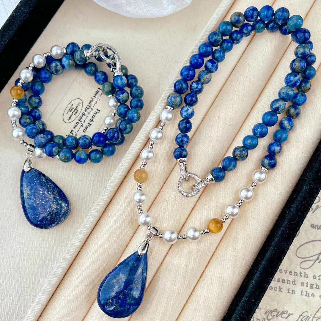 

Retro High Quality Natural Lapis Lazuli Sweater Chain Artificial Imitation Australian White Pearl Sweater Chain