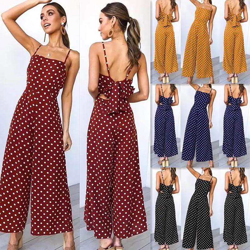 Women Long Jumpsuit Backless Strappy Playsuit Polka Dot Holiday Wide Leg Pants