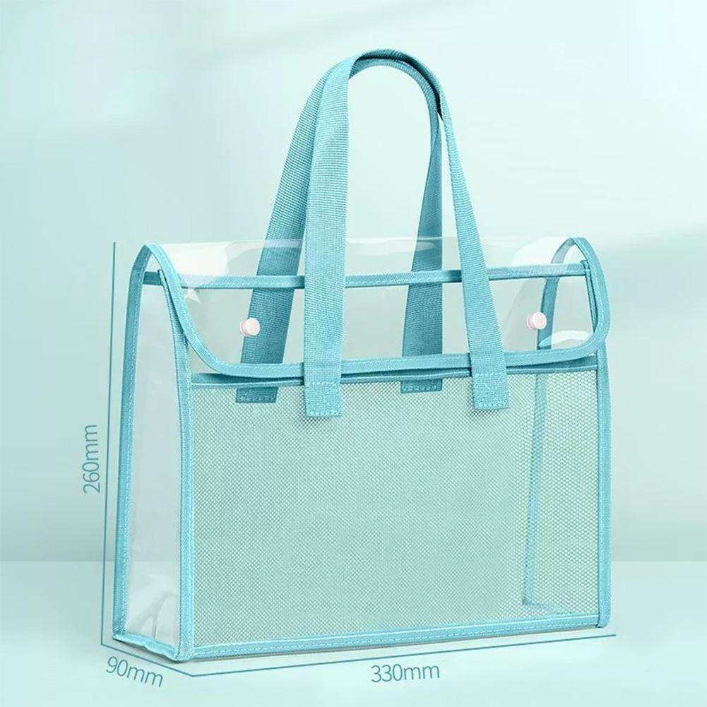PVC Thickened Transparent Handbag Colorful Storage Bag Large Capacity Waterproof Portable Handbag File Pocket Students Office Supplies синий
