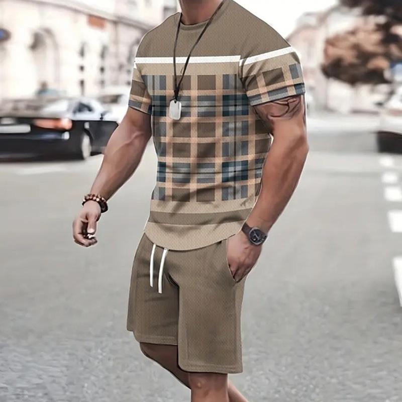 Summer Men's New Spliced Printed Pattern Breathable Round Neck T-shirt and Shorts Outdoor Skin Friendly Casual Two-piece Set