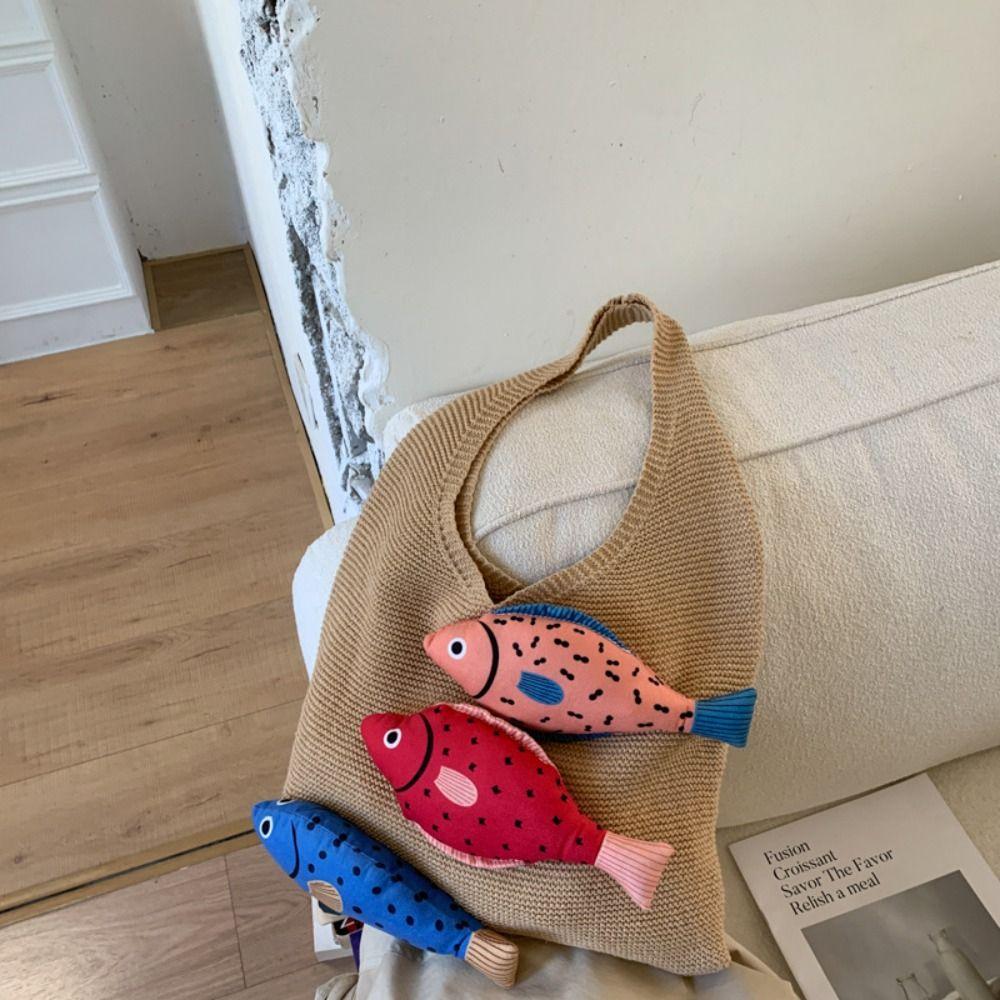 Summer Hollow Out Knitted Bag Crochet Fish Shoulder Bag Casual Weave Knitted Bag  Summer