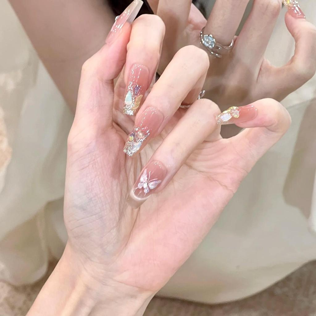 2026 Butterfly Rhinestone Nude Long Wearable Nails - Handmade, Translucent, Sparkling, Perfect for Weddings and Birthdays