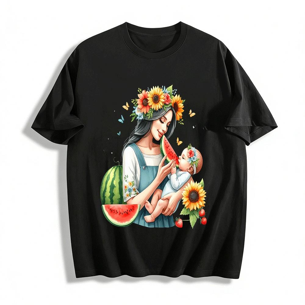 Summer Mommy And Baby Watermelon Sunflower Print Matching Tops Pure cotton T-shirt XXS