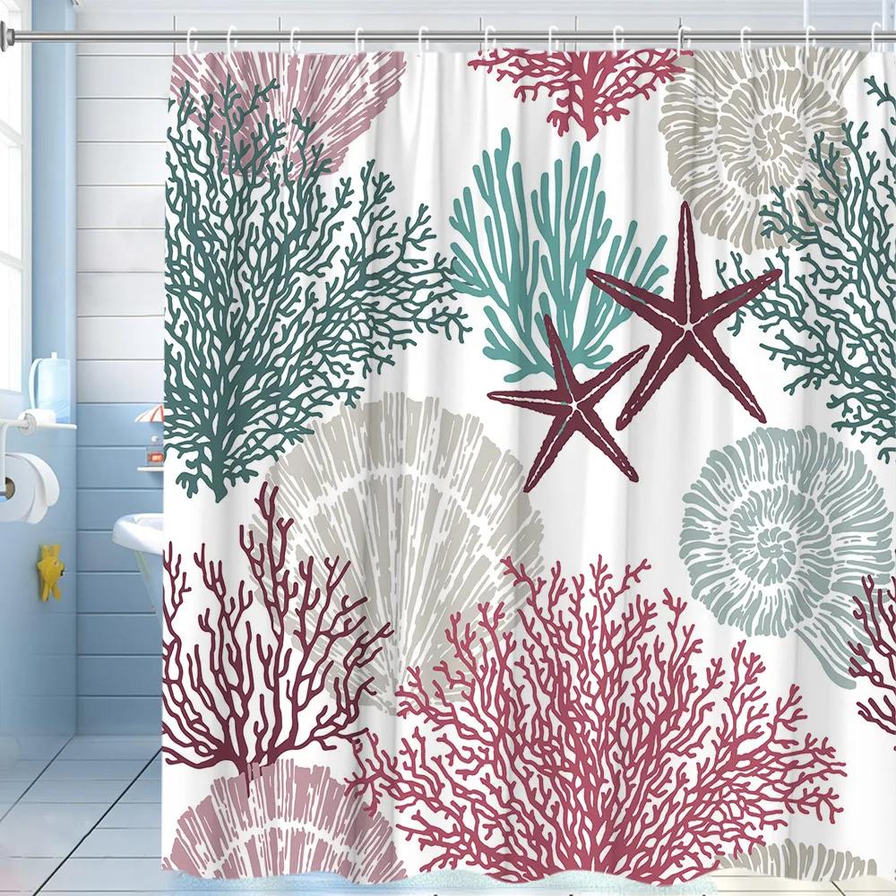Vintage Nautical Shower Curtain, Ocean Shore Starfish Coral Shell Creative Modern Polyester Fabric Bathroom Decorative Curtains