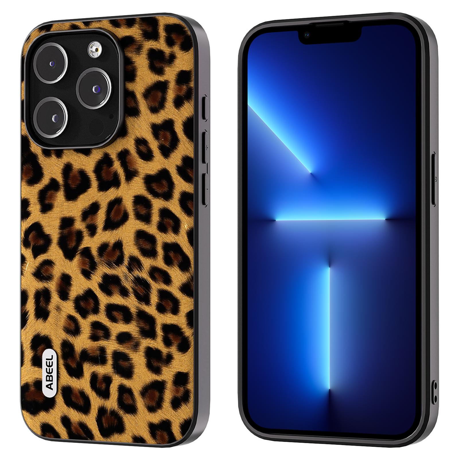 

ABEEL For iPhone 13 Pro Max Back Cover PU Leather Coated TPU+PC Leopard Texture Phone Case Gold