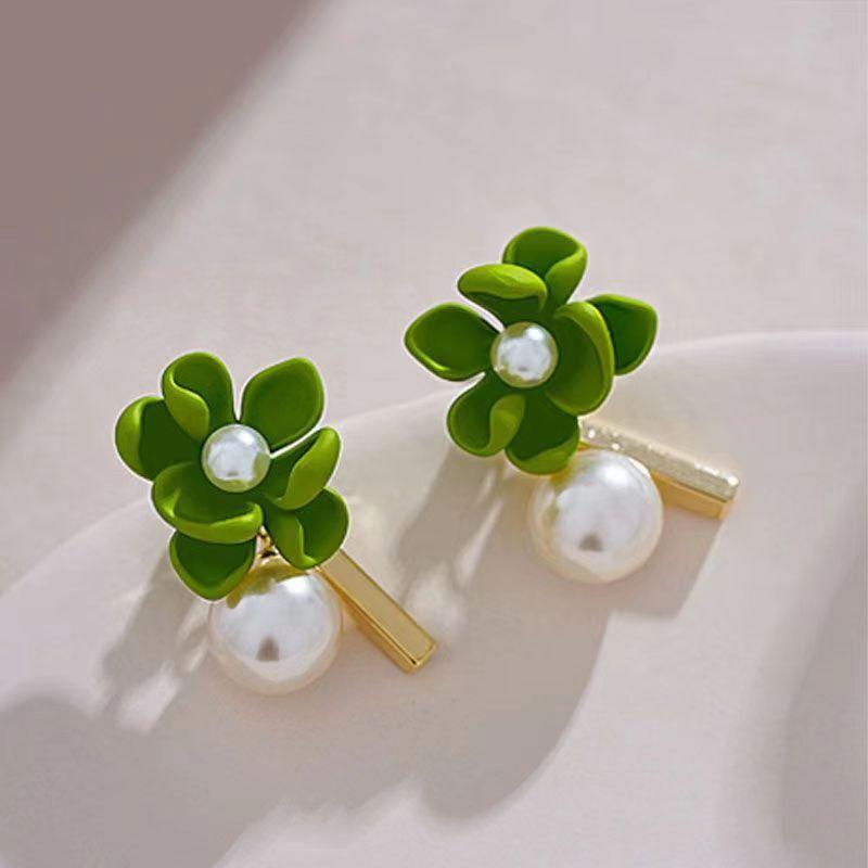 French Romantic Green Flower Asymmetric Tassel Drop Earrings New Design Jewelry for Women's or Girl’s Sweet Ear Accessories
