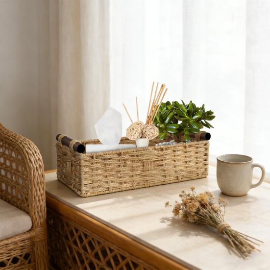 Yousheng Handwoven Storage Basket Handcrafted Scalloped Basket with Wooden Handles Rustic Toilet Paper Storage Basket for Bathroom Bedroom Storage