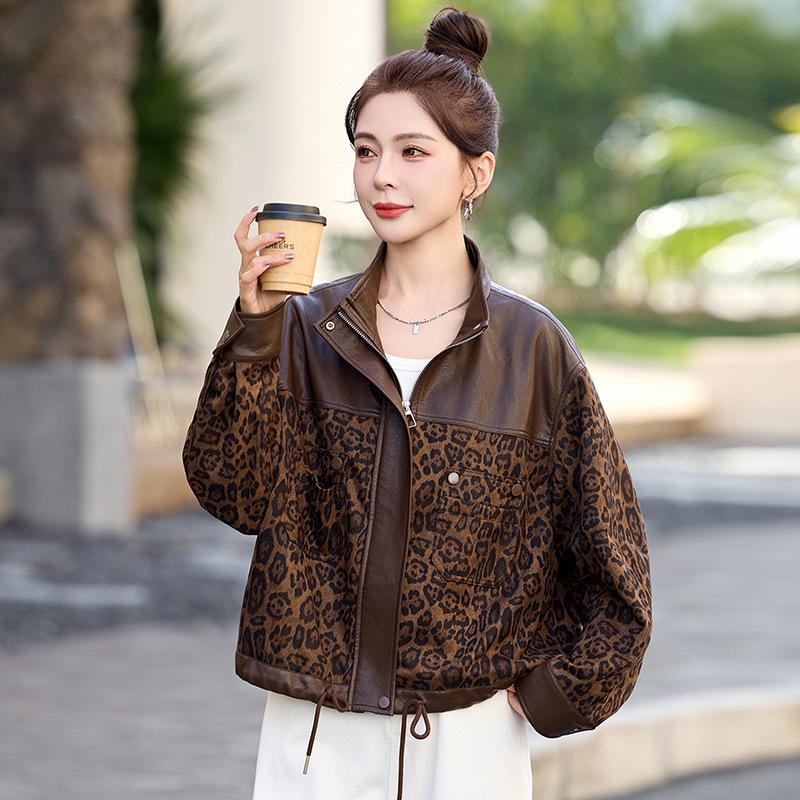 Frühling 2025 Leopardenmuster Patchwork Strickjacke - Damen Langarm Vielseitige Stehkragen Freizeitjacke MQ675