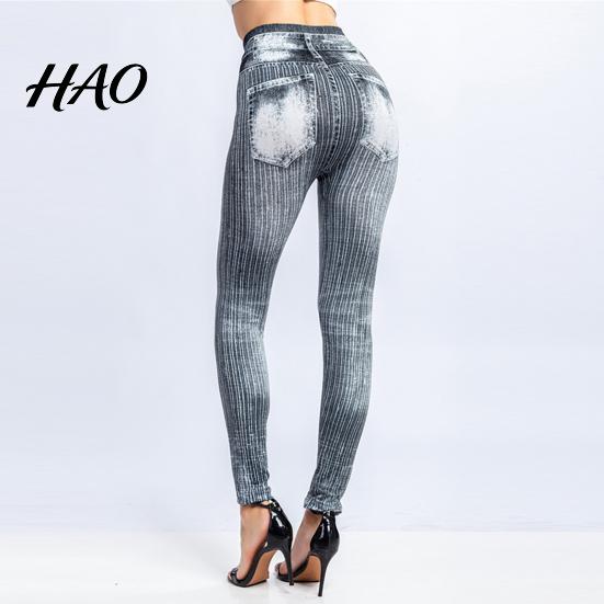 Fake Jeans Imitation Leggings Printed Super Elastic Women Faux Denim Pants High Waist Butt Lift Cropped Streetwear