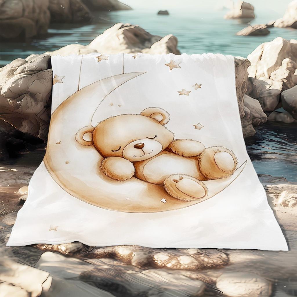 1pc Bear On Moon Blanket- Lightweight Throw for Sofa, Outdoor, Camping, Livingroom, Office, Chair, and Bed - Digital Printing Soft and Warm