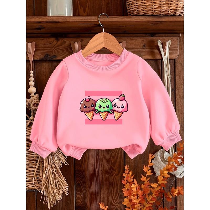 European Sizes Cute Ice Cream Print Kids' Spring Thin Round Neck Sweatshirt 0-3 Years Comfortable Design Suitable for Outdoor Wear