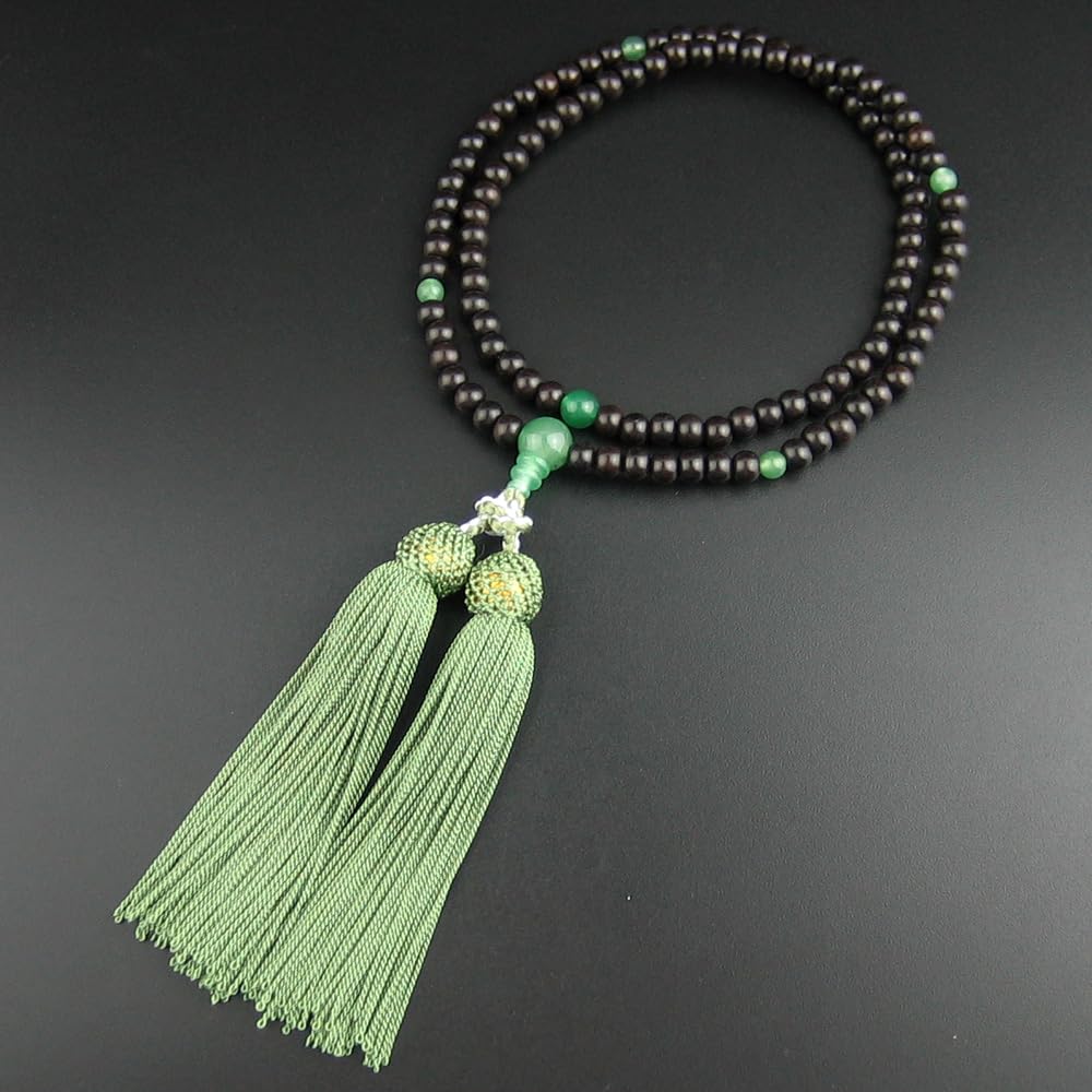 [WONDERFUL LOTUS Myorenka] Myorenka Rinzai Buddhist Prayer Beads for Women, Formal, Ebony and Indian Jade Finish, 8 Inches, Includes Prayer Beads