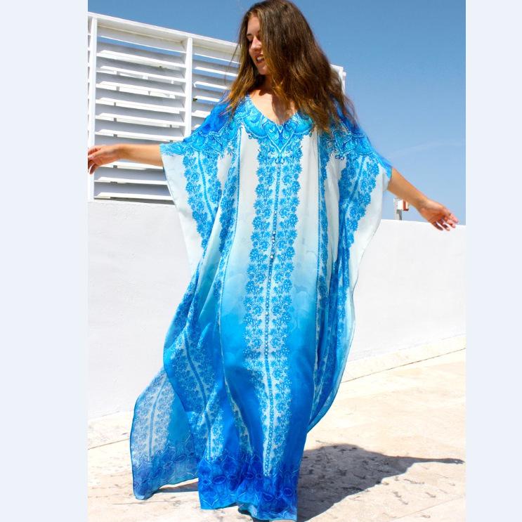 

Район Синий Принт Свободный Длинный Халат Пляжная Накидка One Size