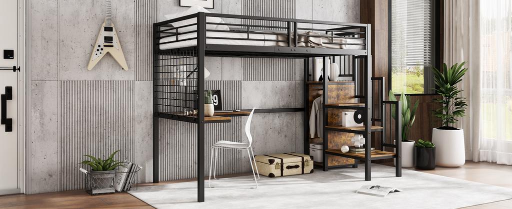 [32552890SAA] Iron Bed, Bunk Bed, Loft Bed, with Desk and Wardrobe, Side Ladder with Handrail, Iron+Chipboard, Black+Dark Wood Color, 90x200cm