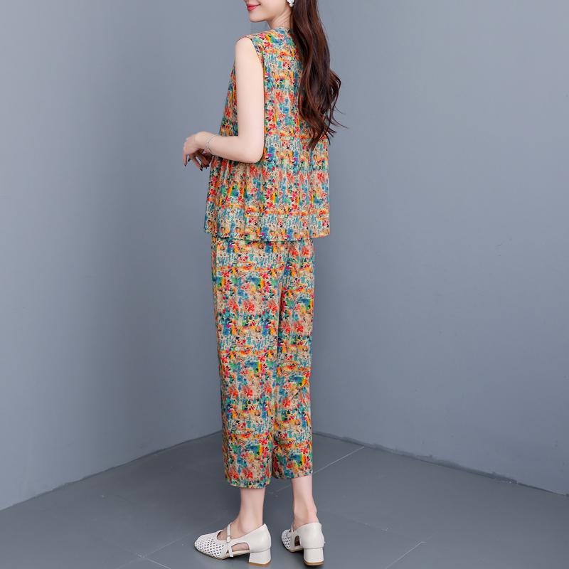 Plus Size Elegant 2 Piece Sets Women Summer Clothes Vintage Loose Print Pants Sets