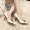 2026 Early Spring Single Shoes Women's Shallow Mouth Stiletto, New Metal Buckle White High Heels, High-end Pointed Tip