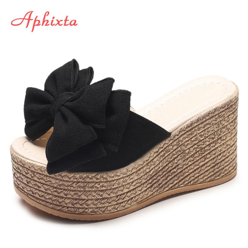 Fashion Aphixta 3.54inch Women Slippers Platform Wedge Women Slipper Appliques Slides Beach Sandals Slides Summer Ladies Mules Clog Shoe