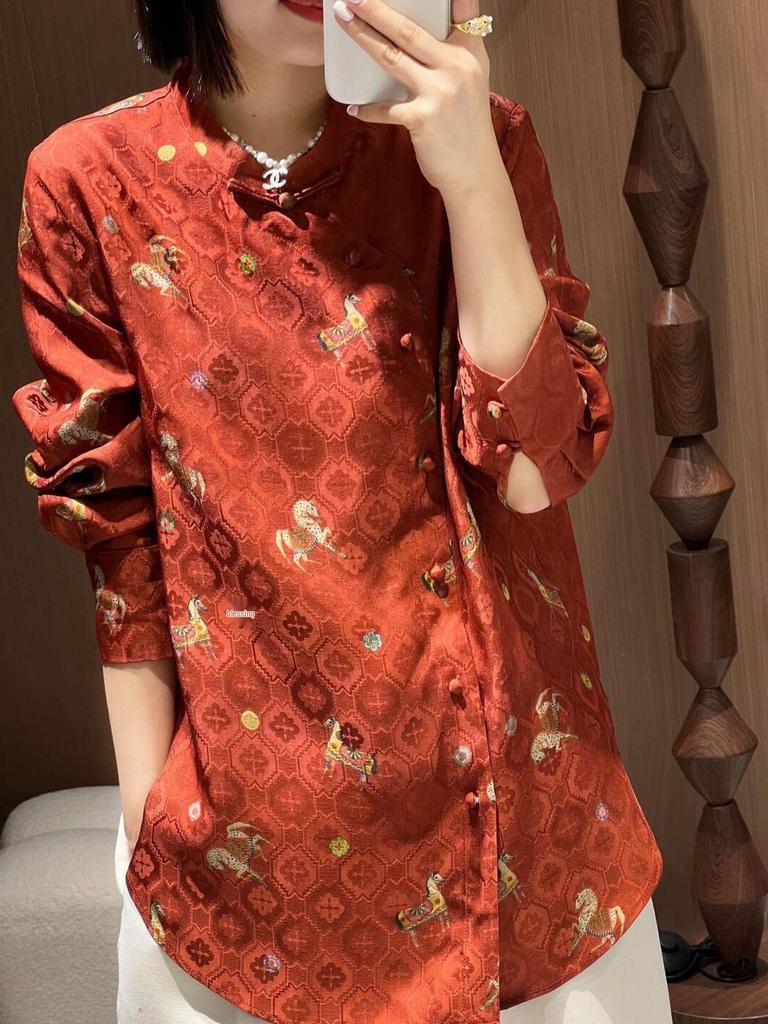 Golden Saddle Embroidered Stand Collar Shirt with Frog Button - New Chinese Style Long Sleeve Top (2026 Design)