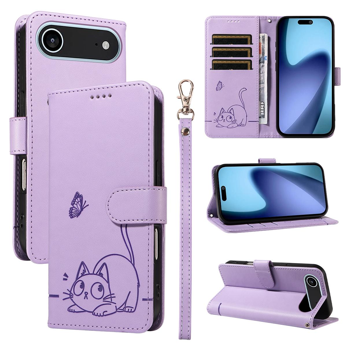 

For iPhone 17 Air Case Cat Pattern Imprint Leather Phone Cover with Wrist Strap Purple