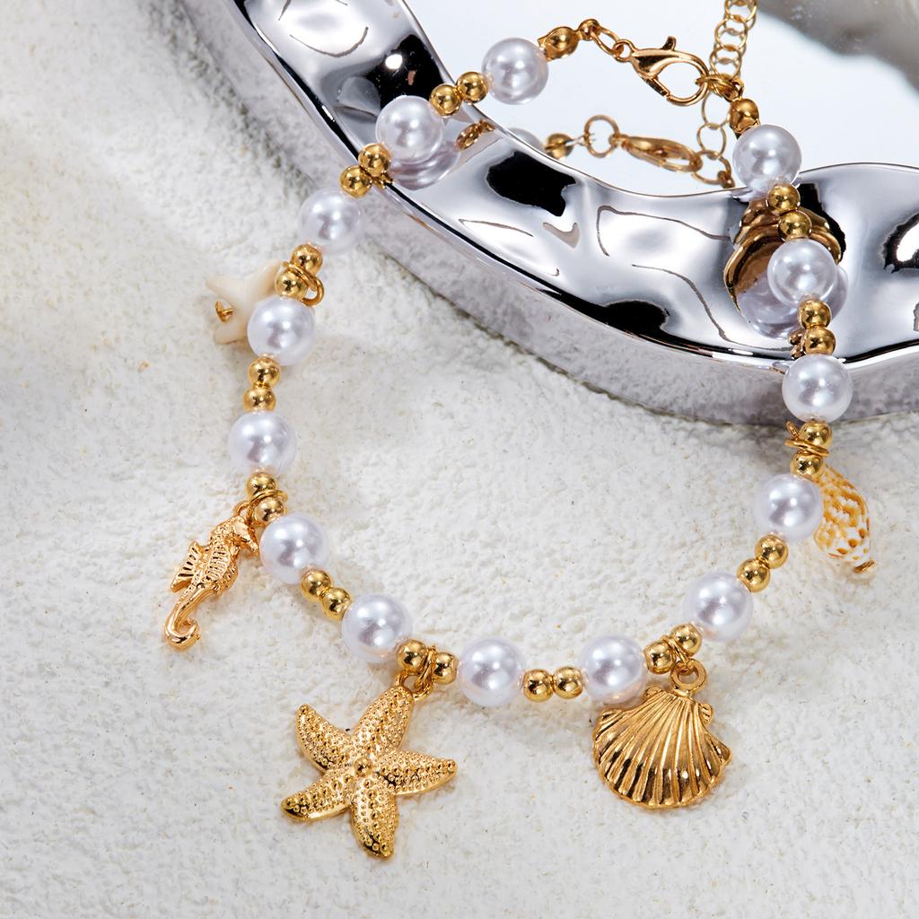 Bohemia Elegant Imitation Pearls Anklet for Women Starfish Seahorse Shell Conch Pendant Bracelet On Leg Beach Barefoot Jewelry