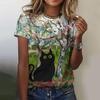 Summer Round Neck 3D Cat Print Top Fashionable Casual Short Sleeved Women's T-shirts