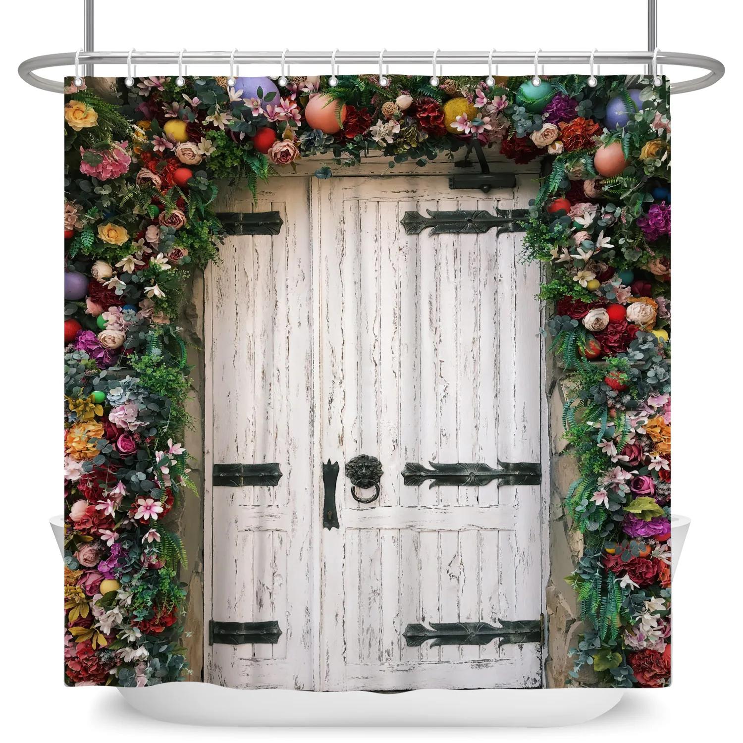 

Rideau de douche imperméable en polyester avec crochets, porte de grange en bois rural occidental, cloison de bain fleur 90X180cm(35x70in)