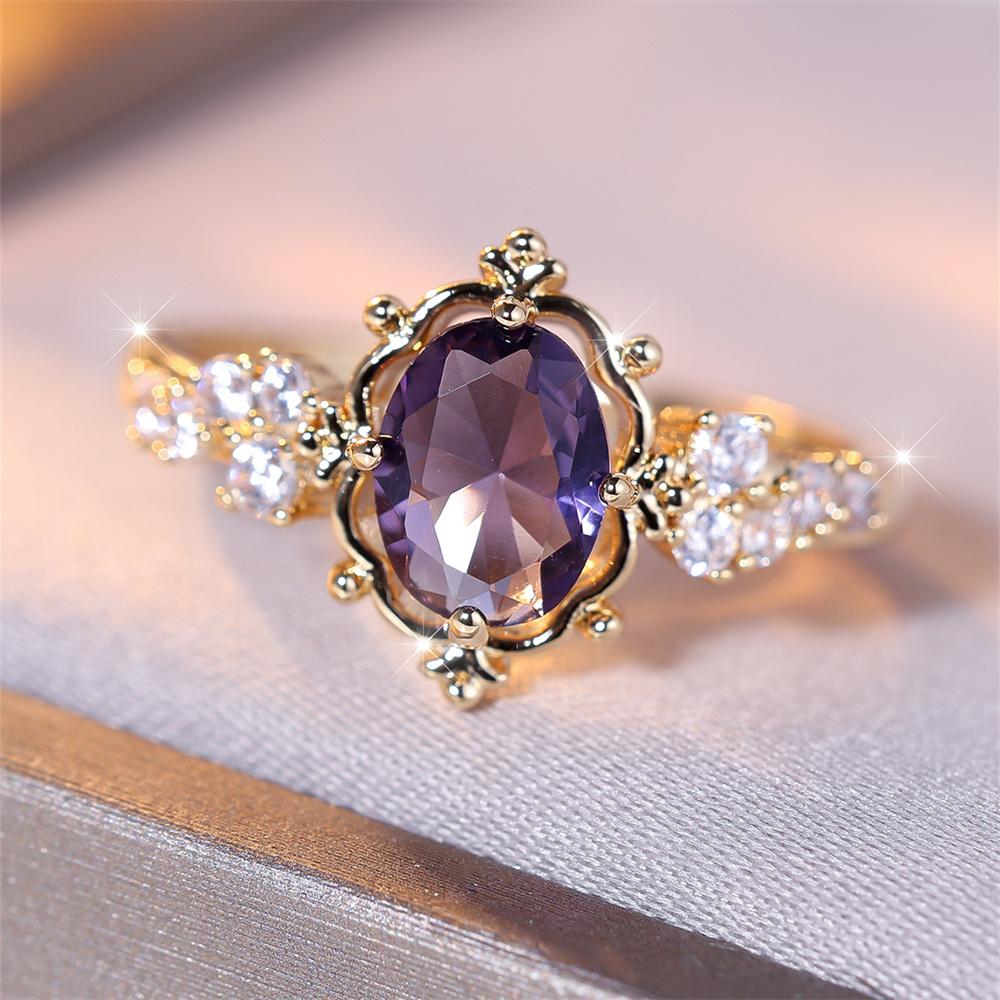 Trendy Purple Crystal Oval Stone Flower Rings For Women Vintage Gold Color Bridal Wedding Band Bithstone  Engagement Gift