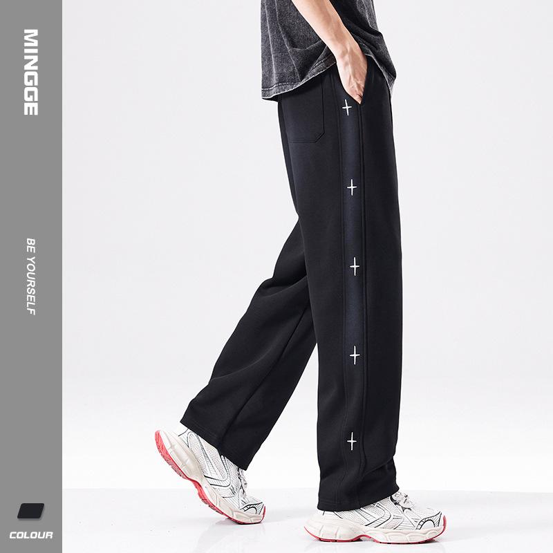Minger | Spring New Cross Embroidery Heavy Sweatpants Men's American Trend Brand Loose Wide Leg Straight Pants