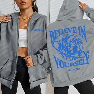 Glaube an dich selbst Erddrucke Reißverschluss-Hoodies Damen Weicher Hoodie Herbst Lockere Kleidung Fleece Lässige Streetwear