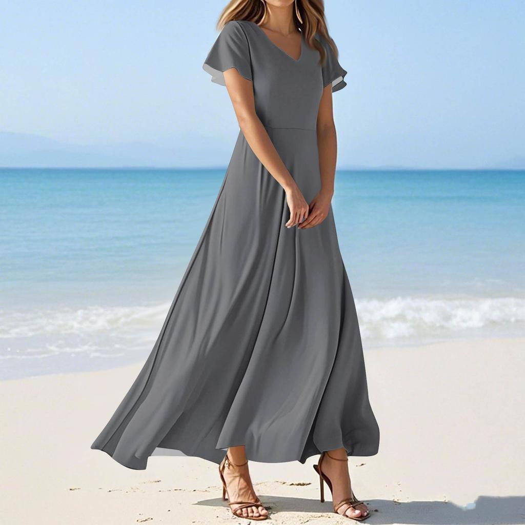 Women's Summer Casual Fashion Solid Color Dresses V-Neck Short Sleeve Dresses