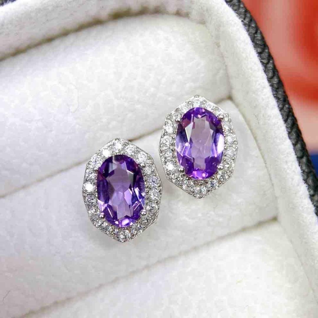 2025 S925 Silver Stud Earrings with Natural Amethyst for Women S925 Silver