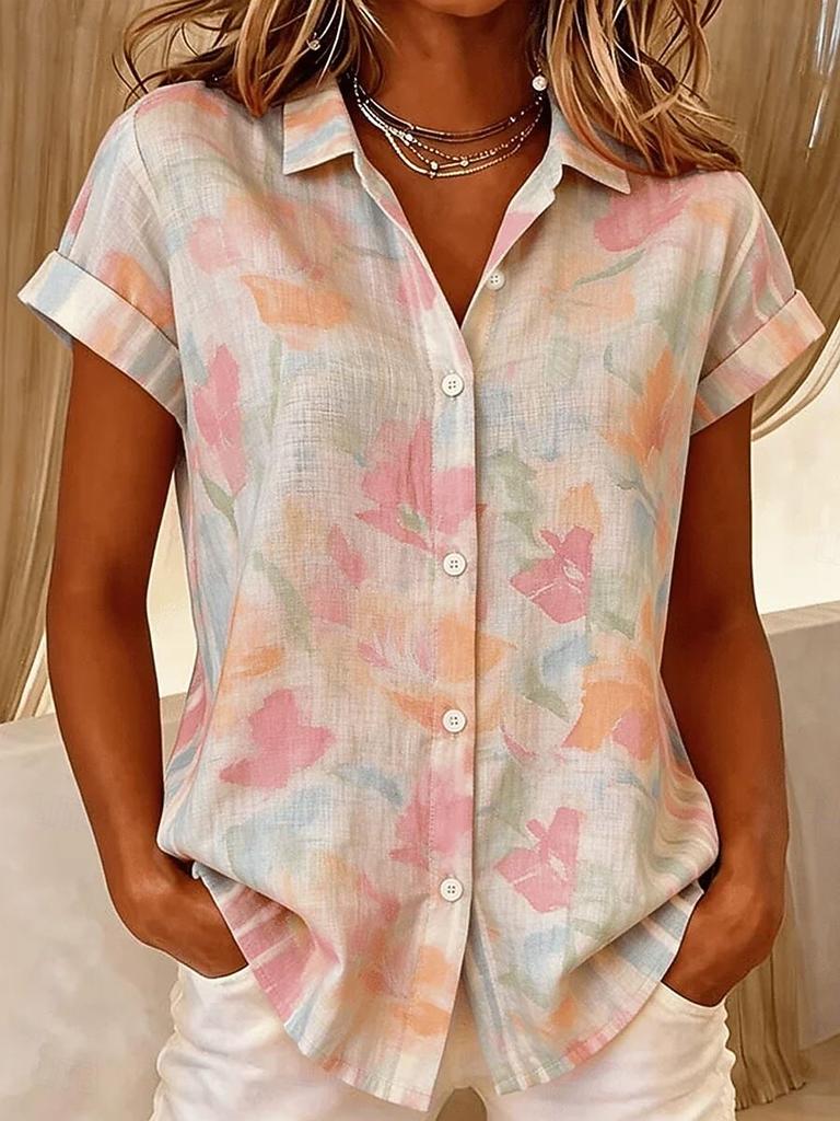 Women's Vintage Geometric Striped Print Button Short Sleeve Shirt Collar Tops, Casual Wear, Blue White Yellow Pink for Summer